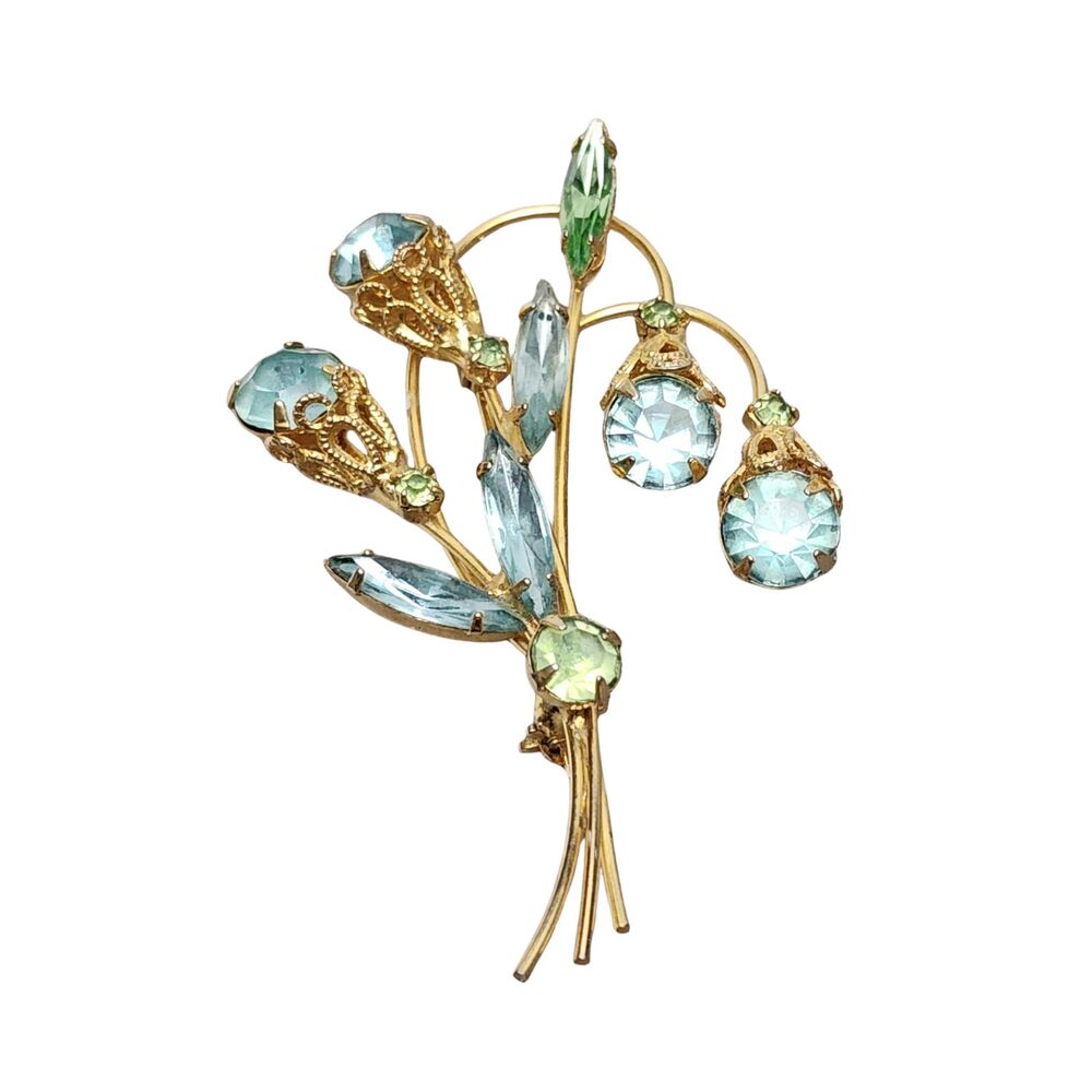 Vintage Aqua Blue Green Rhinestone Floral Brooch Gold Tone Flower Spray 3.5"